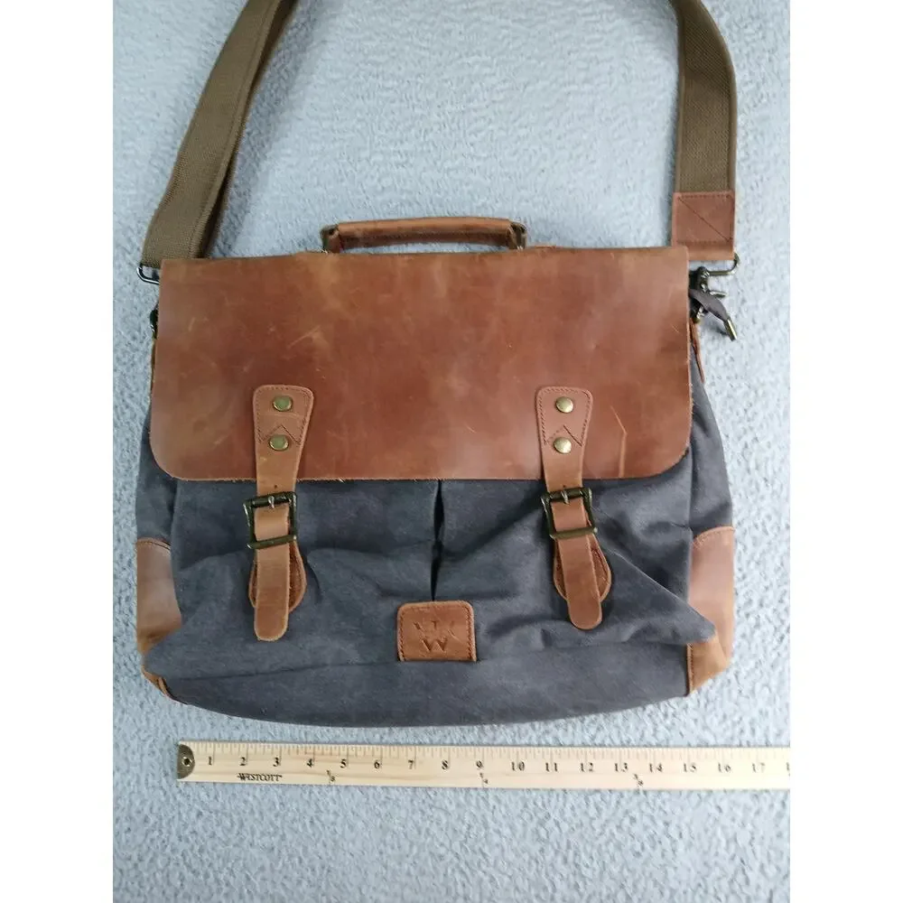 Wowbox Messenger Bag Mens Brown Canvas Leather Large Distressed